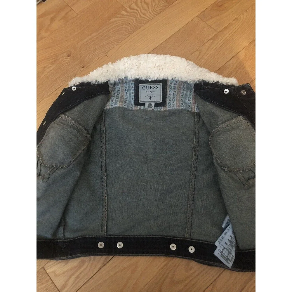 Guess Los Angeles Girls Faux Shearling Collar Denim Jacket Size M Excellent Cond